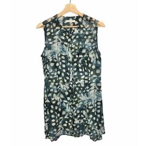 CAbi Blue & White Print Sheer Avery Button Down Tunic Sleeveless Top S #416